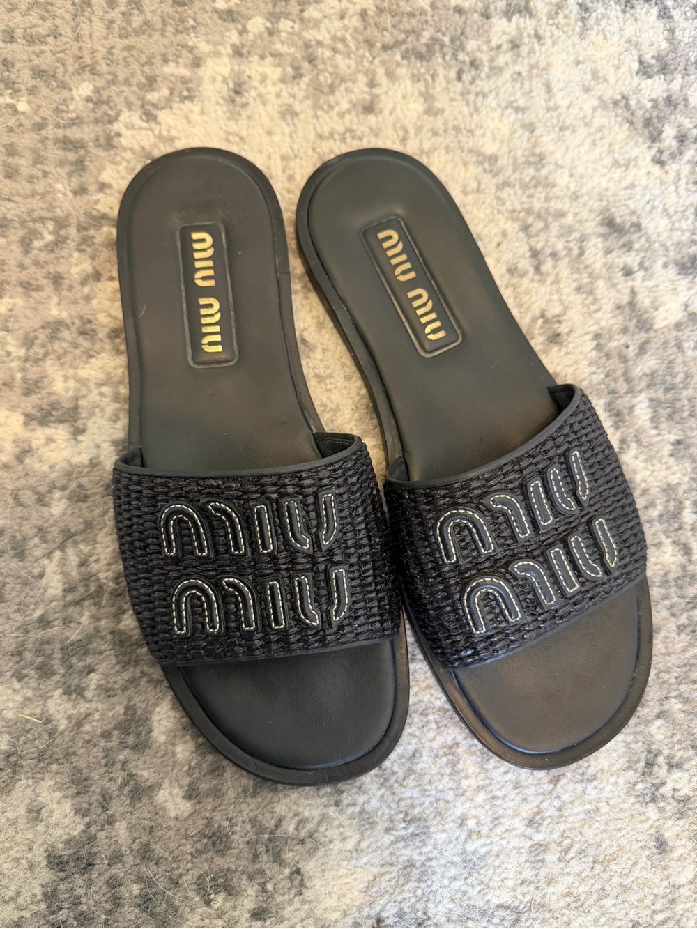 Miu Miu Black Woven Logo Slide Sandals